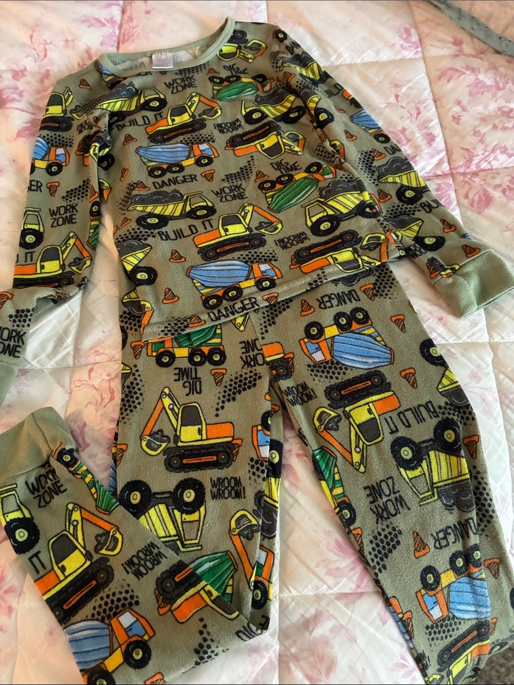 Olive Green Construction Vehicles Pajama Set